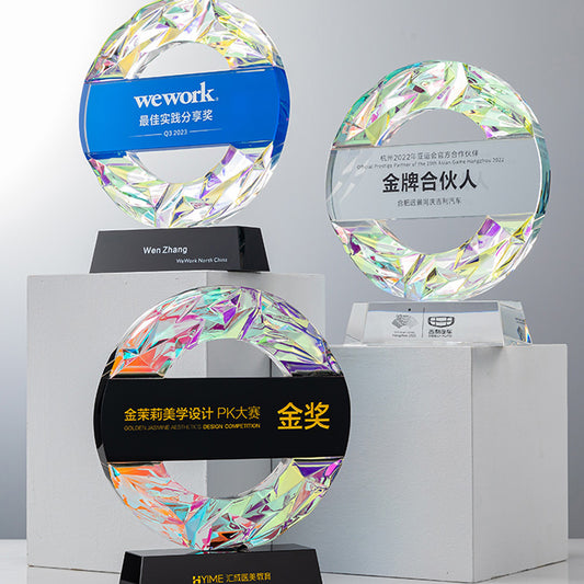 3D Engraving Customized Crystal Trophy Award Round Lustrous Glass Gradient Colorful Hollow Black Glass Base Trophy/Award Prismuse   