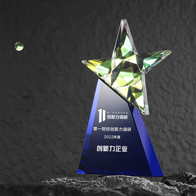 3D Engraving Customized Crystal Trophy Award Star Lustrous Glass Gradient Colorful Trophy/Award Prismuse Blue Crystal-Green Star  