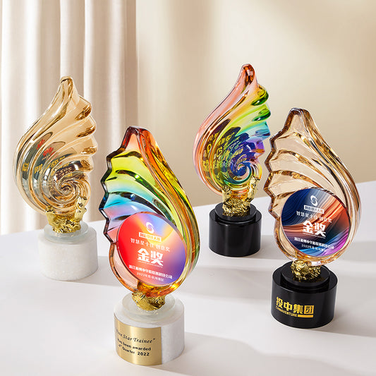 3D Engraving Customized Crystal Trophy Award Wings Shell Lustrous Glass Color Printing Trophy/Award Prismuse   