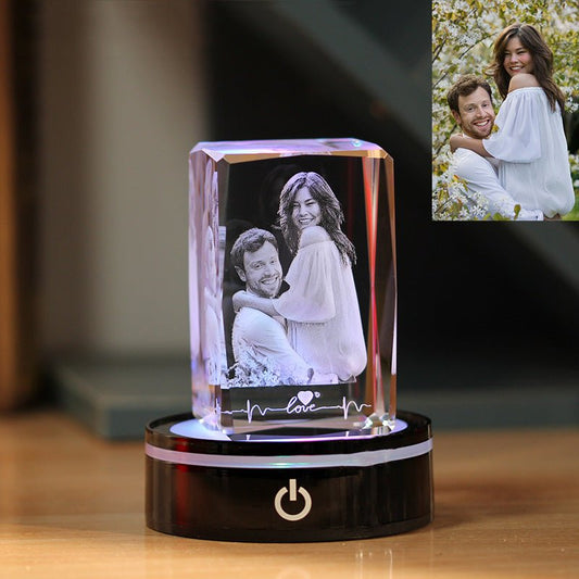 3D Photo Engrave Customized Crystal Cuboid Edges Cut Battery Plastic Base LED Light Desktop Ornament Crystal Crafts Prismuse   