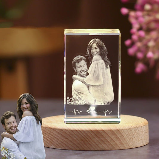 3D Photo Engrave Customized Crystal Cuboid Straight Edges Beech Base LED Light Desktop Ornament Crystal Crafts Prismuse   