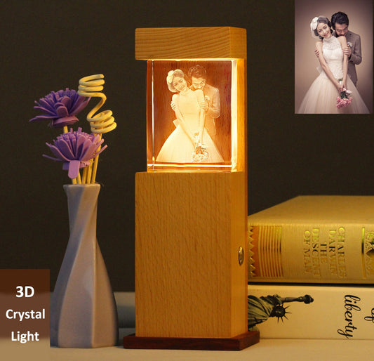 3D Photo Engrave Customized Crystal Cuboid Straight Edges Cut Beech Pear Wood Base LED Night Light Desk Lamp Desktop Ornament Crystal Crafts Prismuse Straight Edges  
