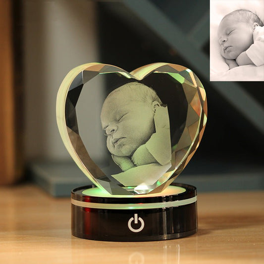 3D Photo Engrave Customized Crystal Heart Edges Cut Battery Plastic Base LED Light Desktop Ornament Crystal Crafts Prismuse   