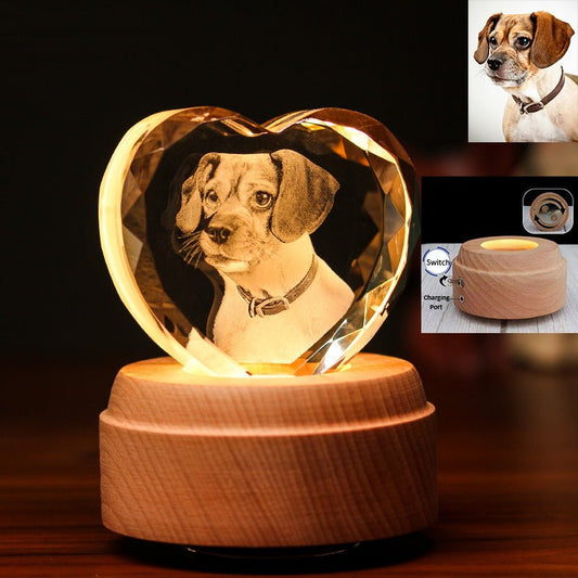 3D Photo Engrave Customized Crystal Heart Rotating Music Beech Base LED Light Desktop Ornament Crystal Crafts Prismuse   