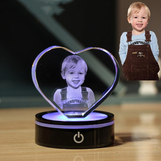 3D Photo Engrave Customized Crystal Heart Straight Edges Battery Plastic Base LED Light Desktop Ornament Crystal Crafts Prismuse Small  