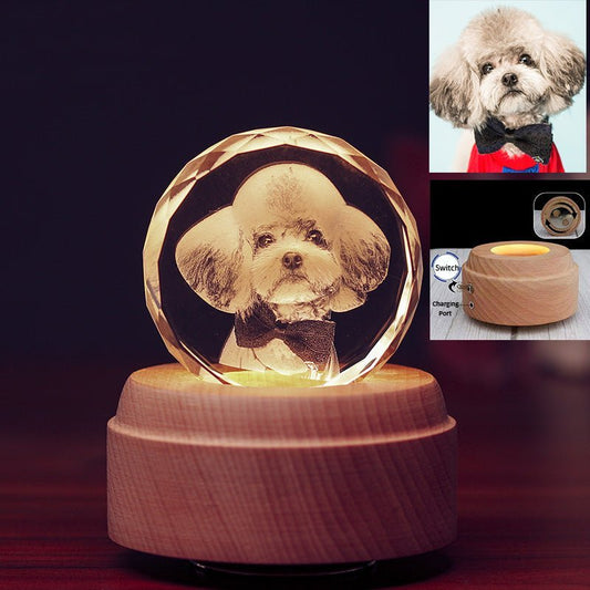 3D Photo Engrave Customized Crystal Round Rotating Music Beech Base LED Light Desktop Ornament Crystal Crafts Prismuse   