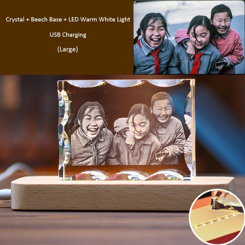 3D Photo Engrave Customized Crystal Wavy Edges Beech Base LED Light Desktop Ornament Crystal Crafts Prismuse Large  