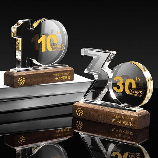 3D Engraving Customized Crystal Trophy Award 10th 20th 30th Anniversary Solid Wood Base Trophy/Award Prismuse   