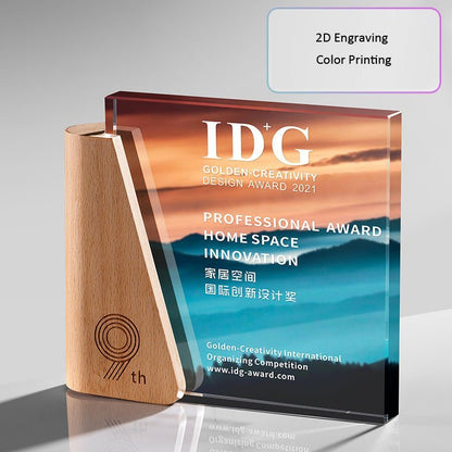 3D Engraving Customized Crystal Trophy Award Color Printing Square Beech Wood Anniversary Trophy/Award Prismuse 3D Engraving + Color Printing 14#  