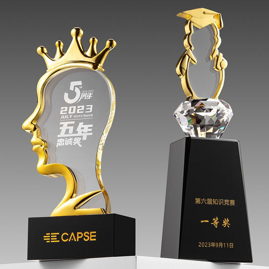 3D Engraving Customized Crystal Trophy Award Crown Portrait Side face Golden Black Base Trophy/Award Prismuse   