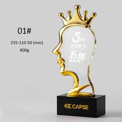 3D Engraving Customized Crystal Trophy Award Crown Portrait Side face Golden Black Base Trophy/Award Prismuse 01  
