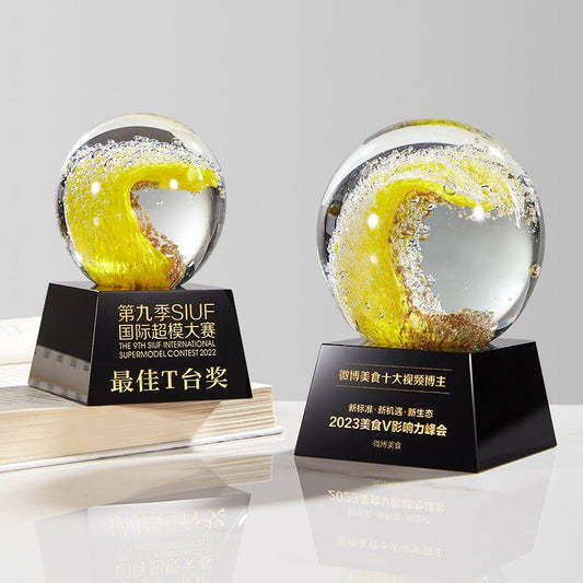 3D Engraving Customized Crystal Trophy Award Crystal Ball Lustrous Glass Square Black Base Trophy/Award Prismuse   