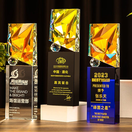 3D Engraving Customized Crystal Trophy Award Cube Cuboid Lustrous Glass Gradient Colorful Trophy/Award Prismuse   