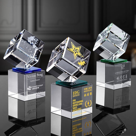 3D Engraving Customized Crystal Trophy Award Double Cube Rubik's Cube Transparent Trophy/Award Prismuse   