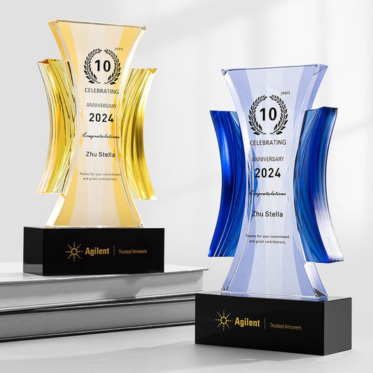 3D Engraving Customized Crystal Trophy Award Hourglass Natural Lustrous Glass Yellow Blue Trophy/Award Prismuse   
