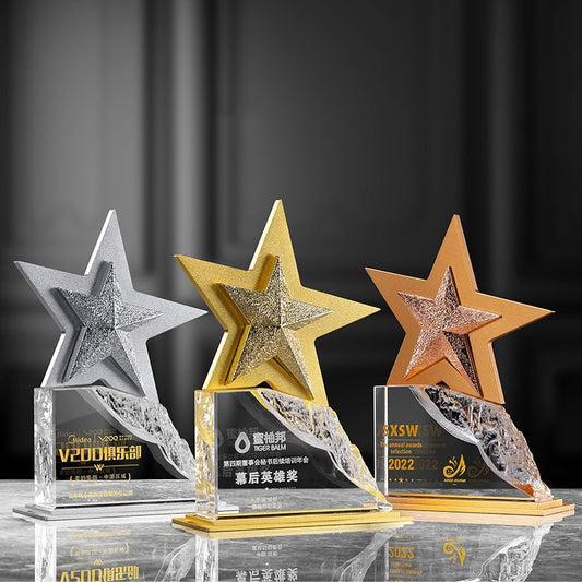 3D Engraving Customized Crystal Trophy Award Iceberg Double Stars Aluminum Base Gold Silver Bronze Trophy/Award Prismuse   
