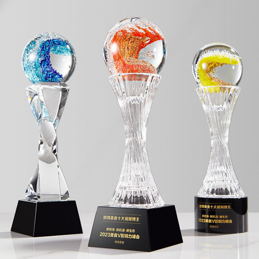 3D Engraving Customized Crystal Trophy Award Lustrous Glass Ball Square Round Black Base Red Blue Yellow Trophy/Award Prismuse   