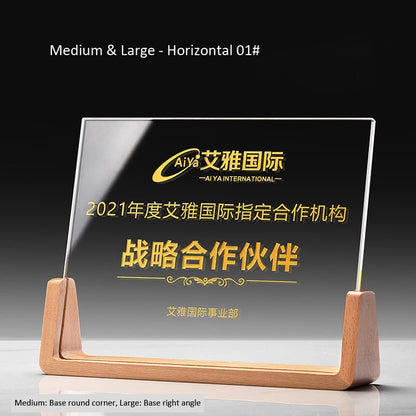 3D Engraving Customized Crystal Trophy Award Rectangle Beech Wood Base Color Printing Trophy/Award Prismuse M 01 