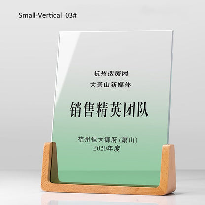 3D Engraving Customized Crystal Trophy Award Rectangle Beech Wood Base Color Printing Trophy/Award Prismuse S 03 