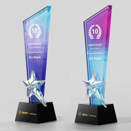 3D Engraving Customized Crystal Trophy Award Rectangle Bottom Star Gradient Natural Lustrous Glass Color Printing Black Base Trophy/Award Prismuse   